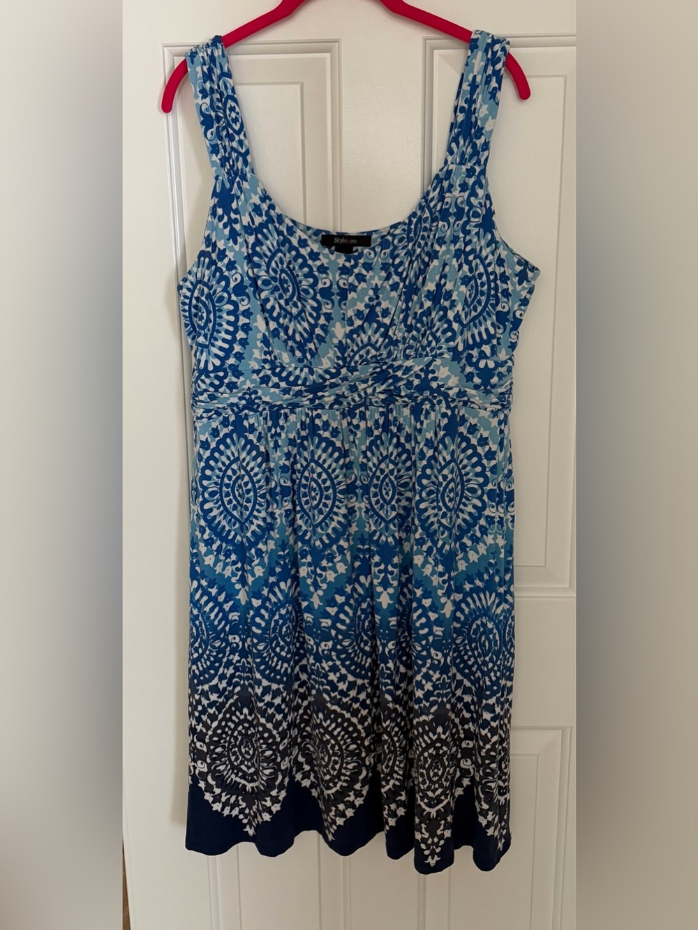 Style & Co. Blue and White Printed V-Neck Dress